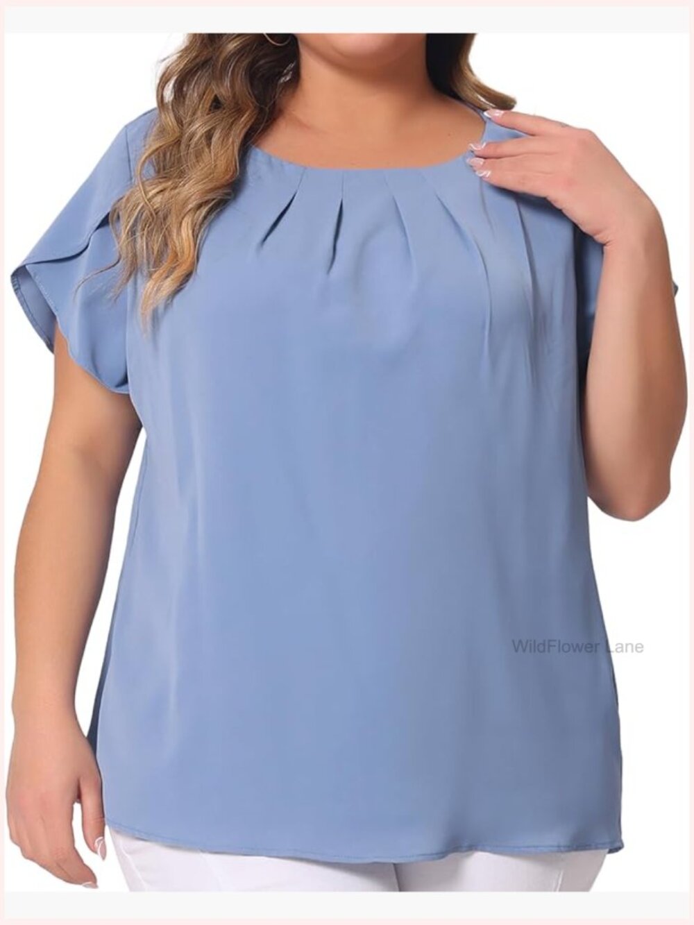 Plus Size Women's Work Top - Round Neck Pleated Tulip Sleeve Blouse Summer